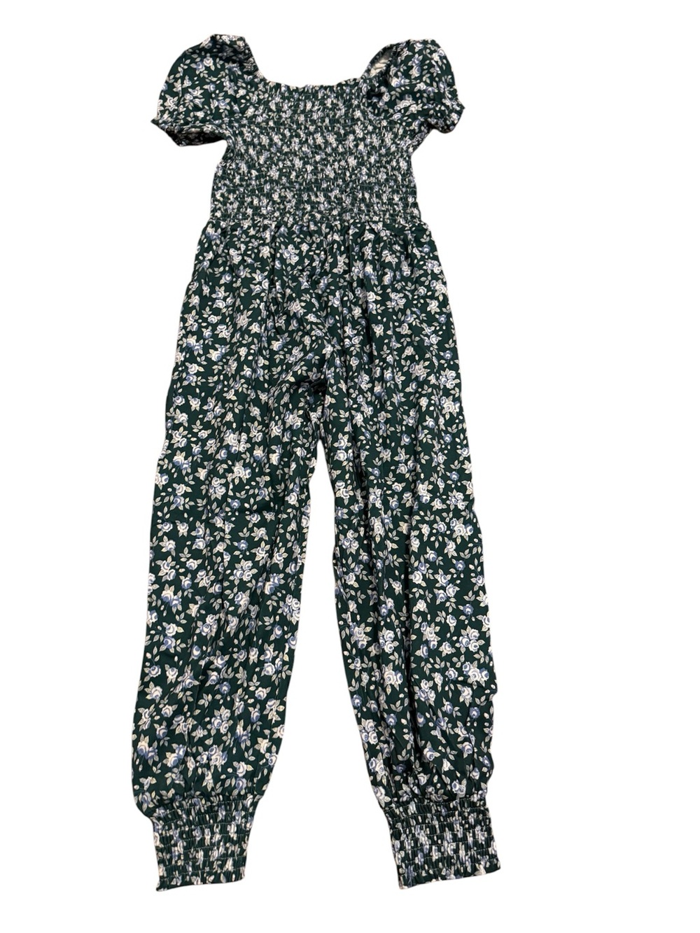 SweetHoney Dark Green Floral Smocked Jumpsuit with Puff Sleeves